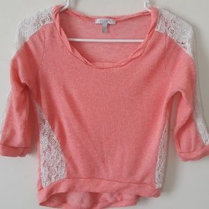 Peach 3/4 sleeve crop top with lace